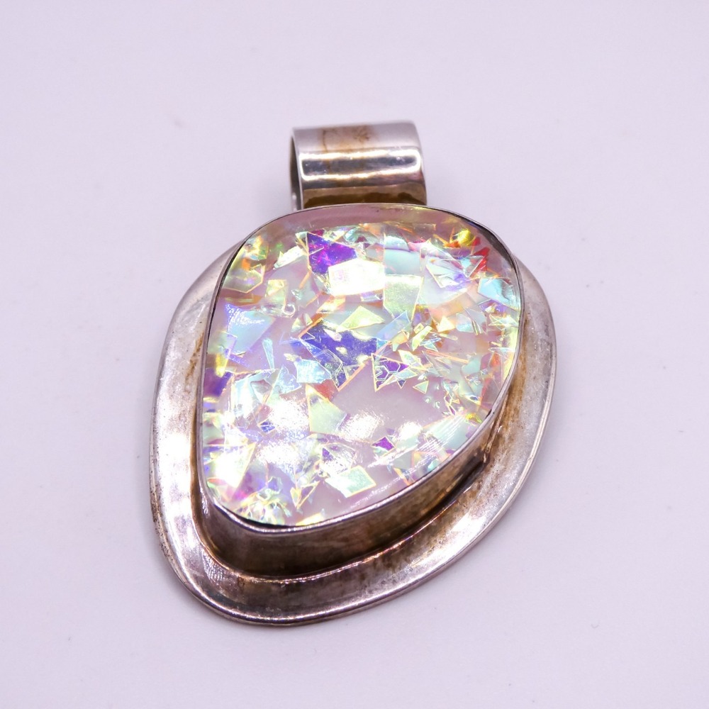 Sterling Silver 925 Taxco Mexico Aurora Borealis Foil Pink Blue Pendant Necklace